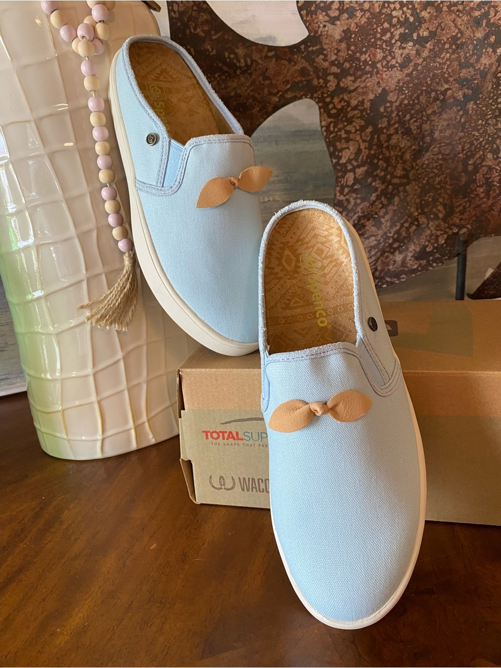Light Blue Slip-On Mules with Tan Bow Accent